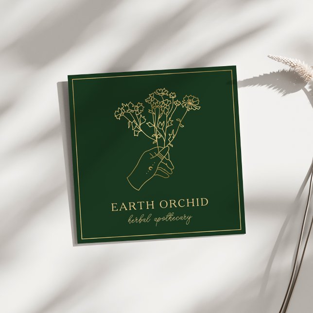 Cartão De Visita Quadrado Herbal + Apotecário Floral Dourado e Verde (Criador carregado)