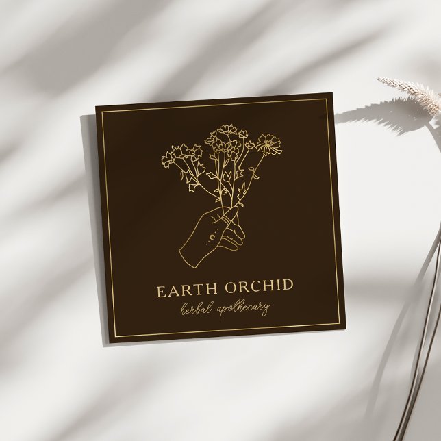 Cartão De Visita Quadrado Herbal + Apothecary Floral Dourado e Brown (Criador carregado)