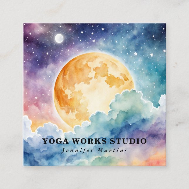 Cartão De Visita Quadrado Holística Celestial Aquarela Sun e Moon Yoga (Frente)
