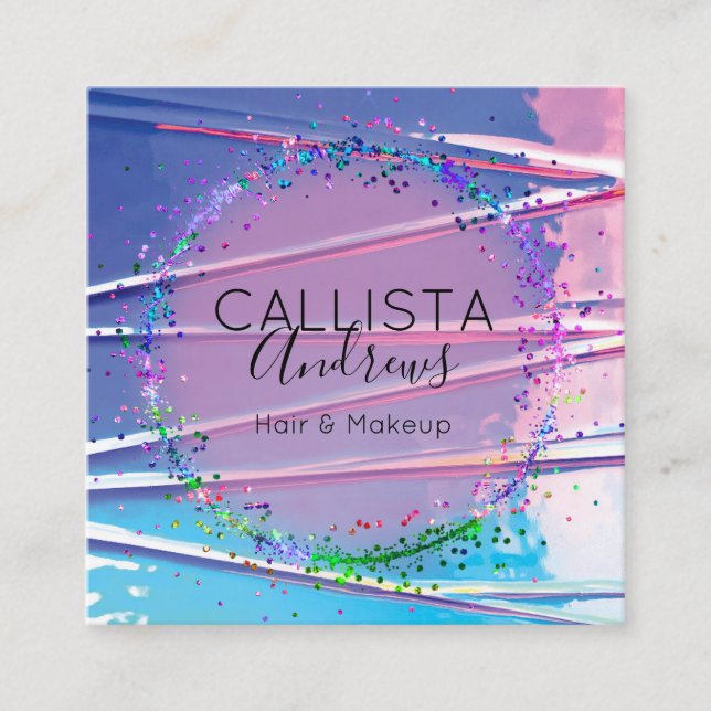 Cartão De Visita Quadrado Hológrafo Azul Roxo Glitter Confetti (Frente)