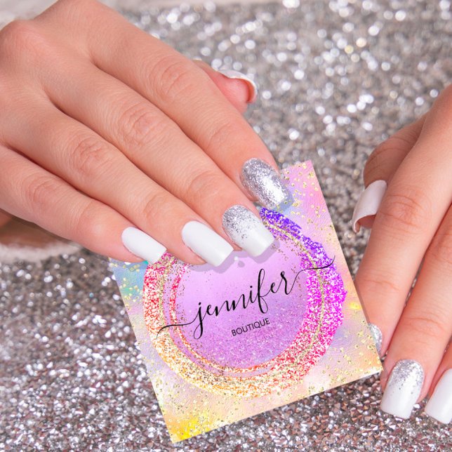 Cartão De Visita Quadrado Hológrafo de Compro Roxo em Boutique Profissional (Professional Boutique Shop Purple Holograph Square Business Card)