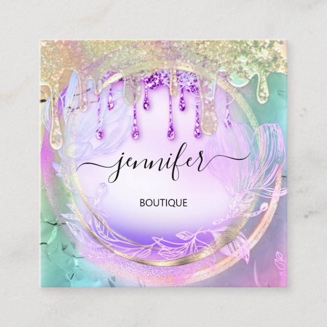 Cartão De Visita Quadrado Hológrafo Floral de Unidades de Unhas Acritivas QR (Frente)