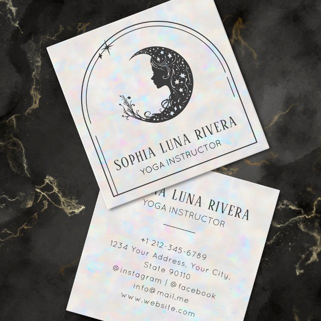 Cartão De Visita Quadrado Holographic Boho Arch Celestial Crescent Moon Yoga (Holographic Boho Arch Celestial Crescent Moon Yoga Square Business Card)