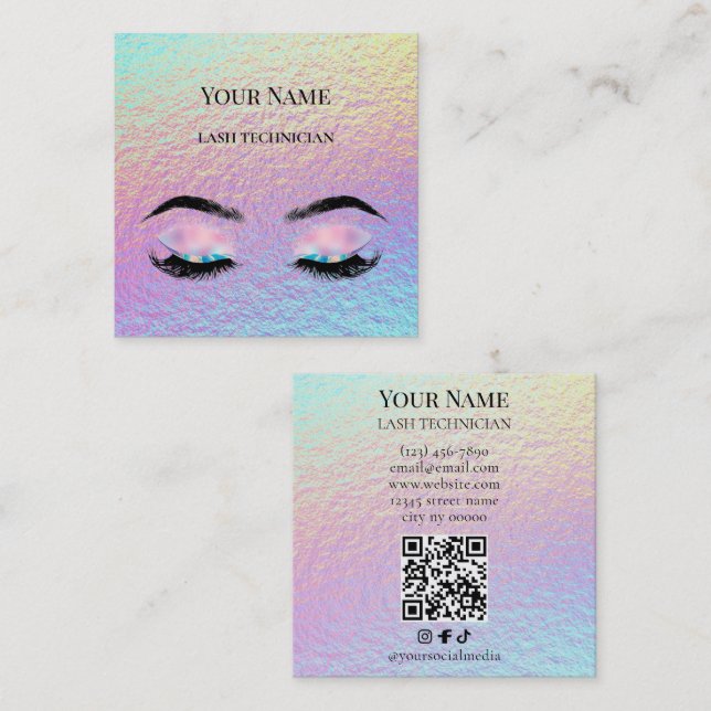 Cartão De Visita Quadrado Holographic QR code Beige and Gold Lash Technician (Frente/Verso)