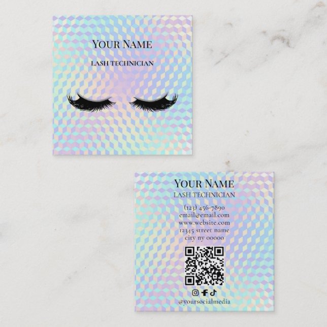 Cartão De Visita Quadrado Holographic QR code Beige and Gold Lash Technician (Frente/Verso)