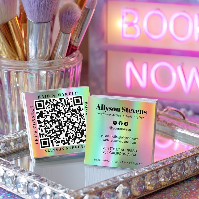 Cartão De Visita Quadrado Holographic Rainbow Bold QR Code Hair & Makeup (Holographic Rainbow Bold QR Code Hair & Makeup Square Business Card)