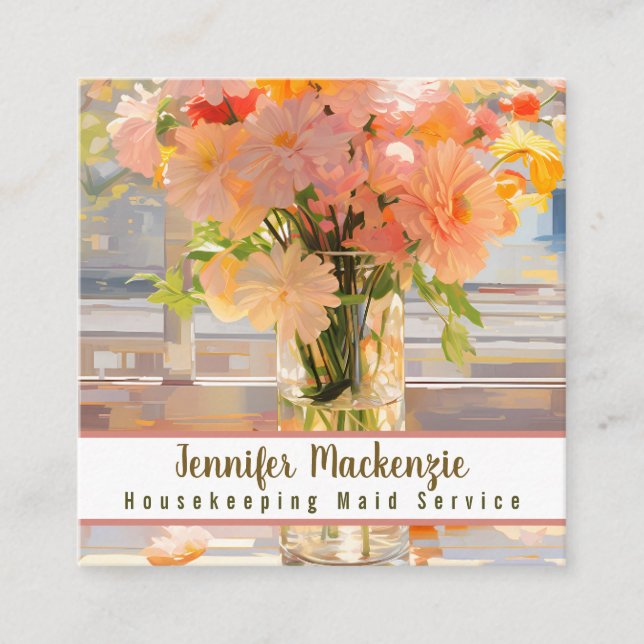 Cartão De Visita Quadrado Home Page Limpeza do Serviço Maid Doméstico (Frente)