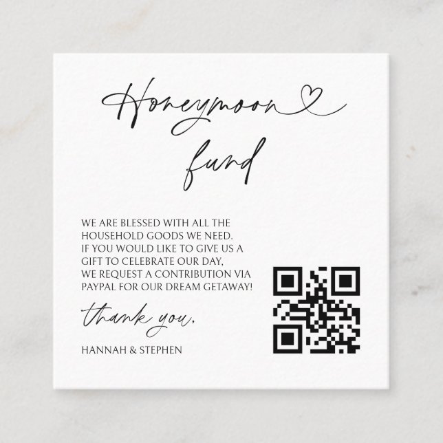 Cartão De Visita Quadrado Honeymoon Fund Wedding Request Enclosure QR Card (Frente)