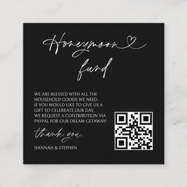 Cartão De Visita Quadrado Honeymoon Fund Wedding Request Enclosure QR Card (Frente)