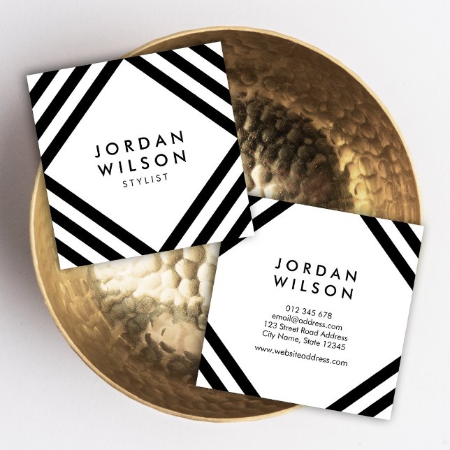 Cartão De Visita Quadrado Horizontal Mínimo Branco Linhas Pretas Quadradas G (Criador carregado)