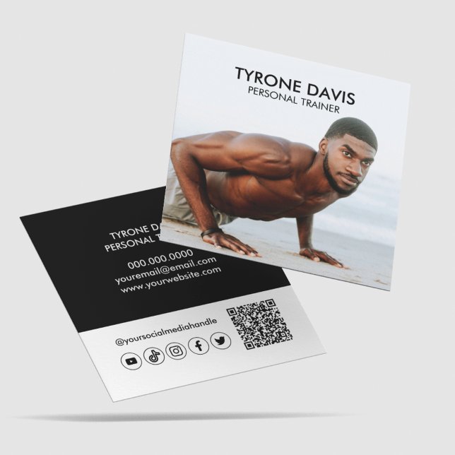 Cartão De Visita Quadrado Ícone de Mídia Social de Código Qr de Foto Branca  (Modern Black White Photo Qr Code Social Media Icon Square Business Card
)