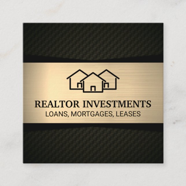 Cartão De Visita Quadrado Ícone Homes | Metálico Dourado | Preto Padrão (Frente)