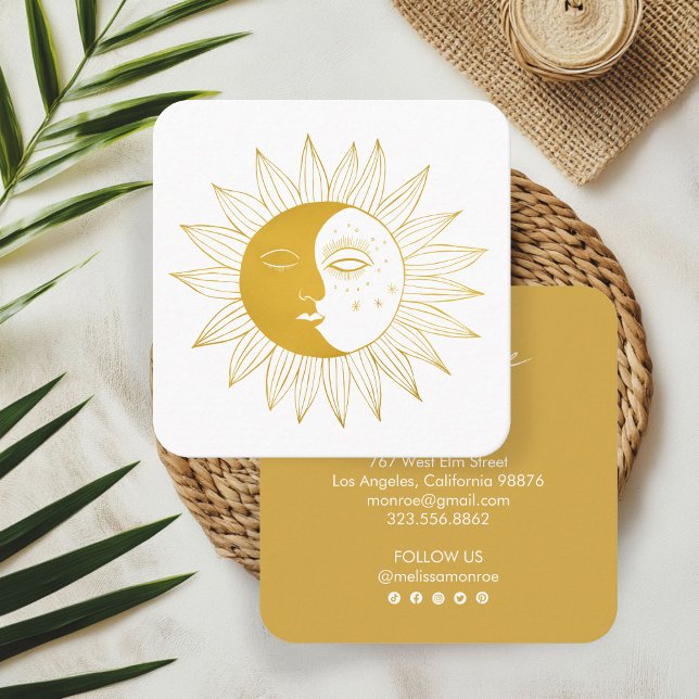 Cartão De Visita Quadrado Ícones sociais Dourados da arte da linha Sun e Moo (Sun & Moon Boho Line Art Elegant Gold Social Icons Square Business Card
)