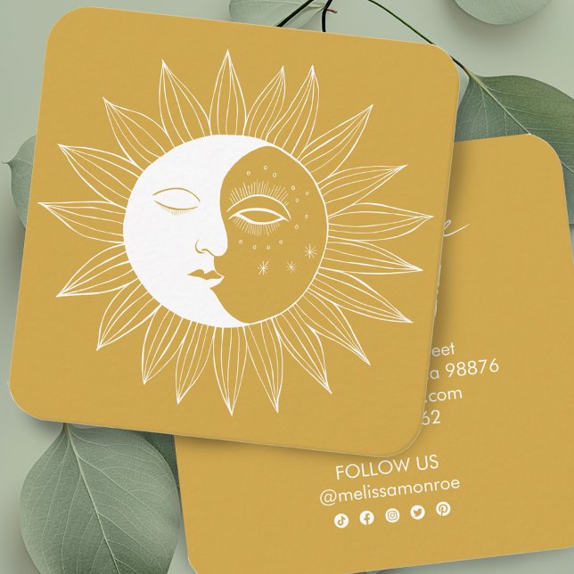 Cartão De Visita Quadrado Ícones sociais Dourados da arte da linha Sun e Moo (Sun & Moon Boho Line Art Elegant Gold Social Icons Square Business Card
)