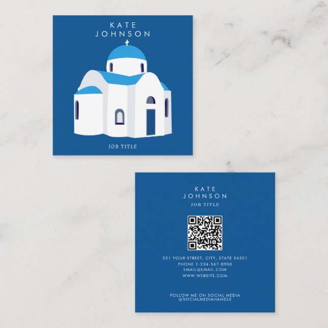 Cartão De Visita Quadrado Ilha Grega Santorini Blue Dome Church Código QR (Frente/Verso)