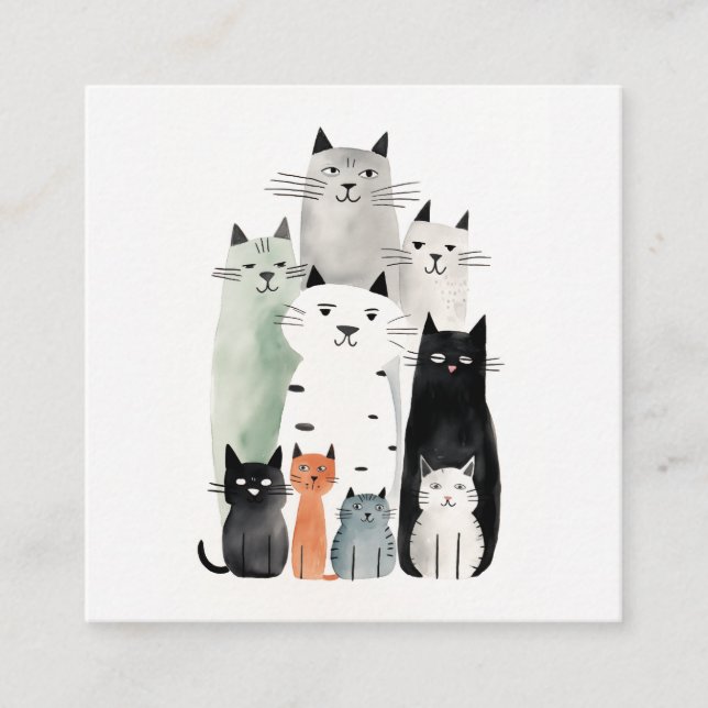 Cartão De Visita Quadrado Ilustração de Gouache de Cats e Amigos (Frente)
