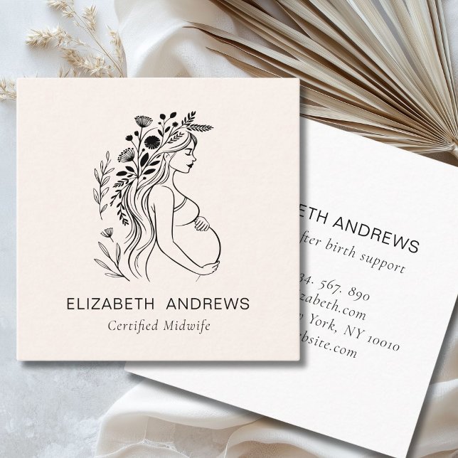 Cartão De Visita Quadrado Ilustração de Mulher Grávida | Doula Midesposa (Pregnant Woman Illustration | Doula Midwife Square Business Card)