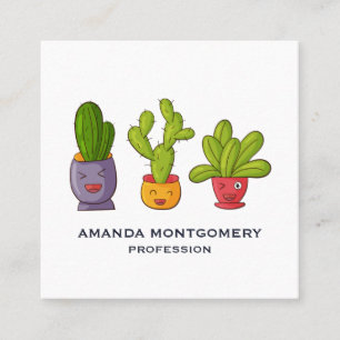 Cartão De Visita Quadrado Ilustração divertida de três cactus em Potes de