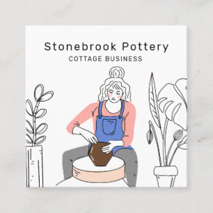 Cartão De Visita Quadrado Ilustração Minimalista de Mulher em Roda de Oleiro