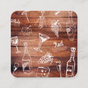 Cartão De Visita Quadrado Ilustrações bonitos do vinho e painel de madeira