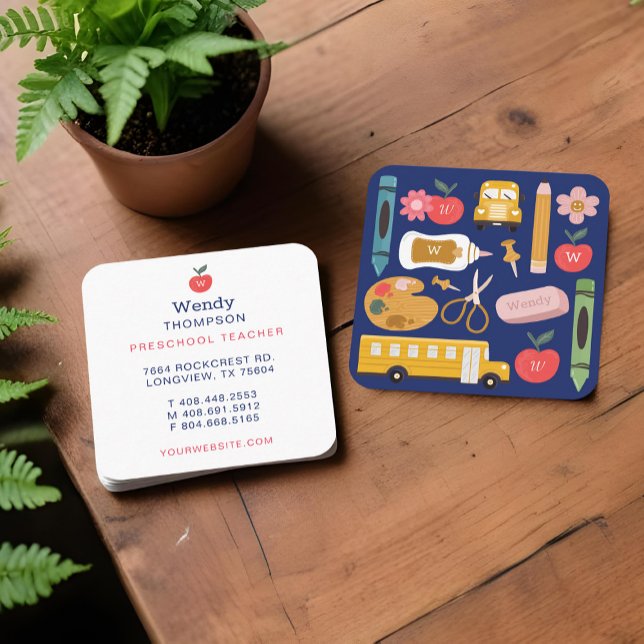 Cartão De Visita Quadrado Ilustrações de Ícones de Suprimentos Escolares de  (Teacher & Tutor School Supplies Icon Illustrations Square Business Card)