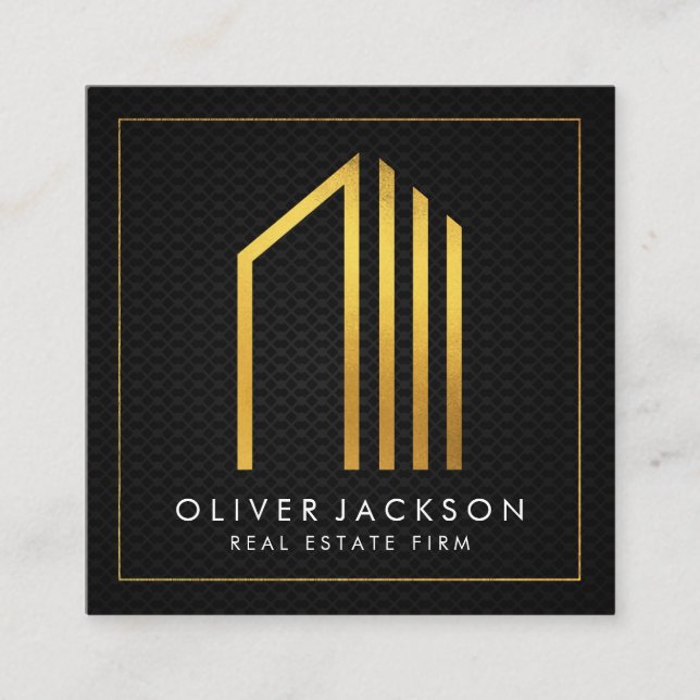 Cartão De Visita Quadrado Imóveis | Dourado Executivo Lux | Malha negra (Frente)