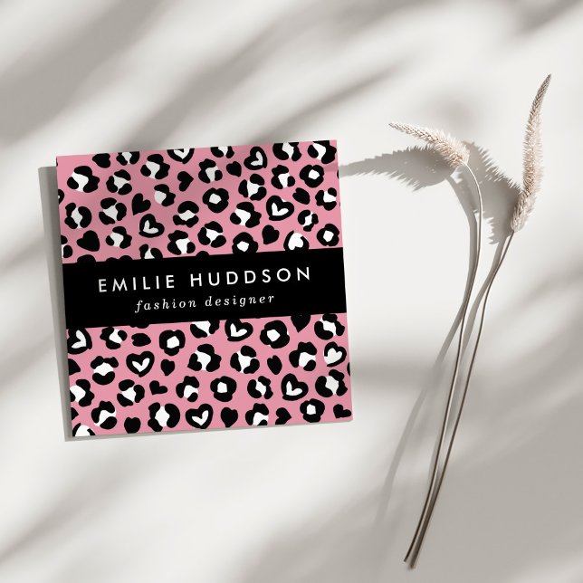 Cartão De Visita Quadrado Impressão Animal, Leopardo Rosa, Manchas de Chita, (Criador carregado)