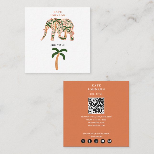 Cartão De Visita Quadrado Indian Floral Paisley Ornate Elephants (Frente/Verso)