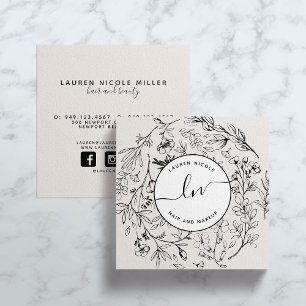 Cartão De Visita Quadrado Iniciais de Script Branco Branco Blush Botânico M