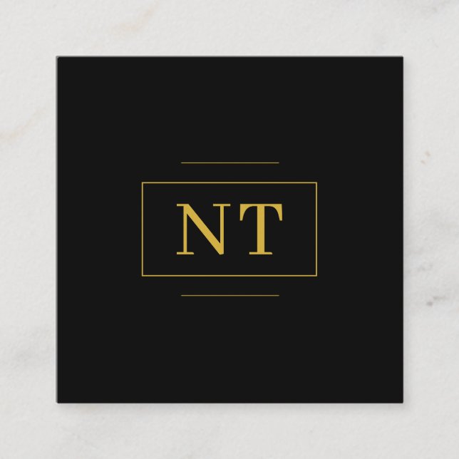 Cartão De Visita Quadrado Iniciais Dourados Monograma de borda Preto Minimal (Frente)