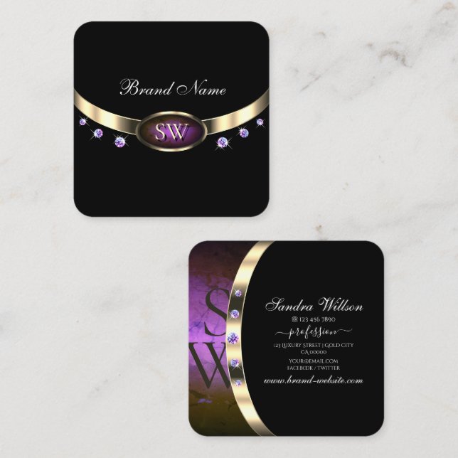 Cartão De Visita Quadrado Iniciais Nobres Dourados do Mármaco Roxo Diamantes (Frente/Verso)