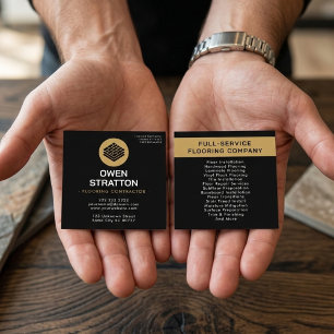 Cartão De Visita Quadrado Instalador de pisos Black & Gold Contratada
