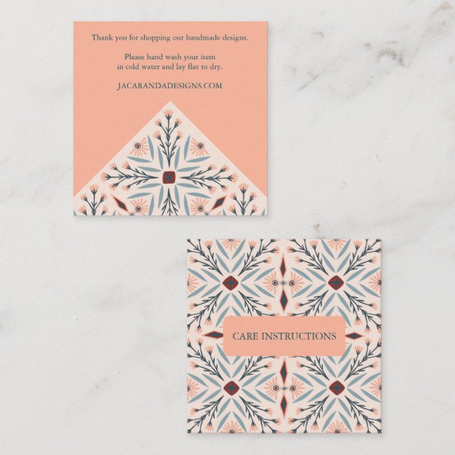 Cartão De Visita Quadrado INSTRUÇÕES DE CUIDADO Azulejos FLorais Elegantes G (Frente/Verso)