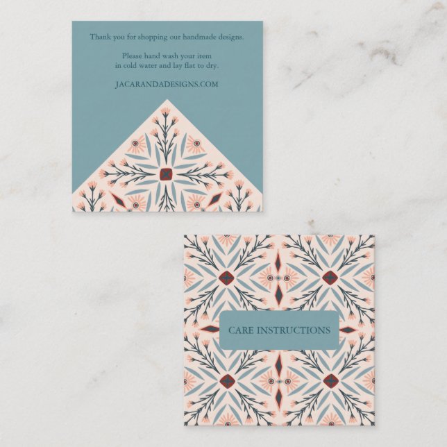 Cartão De Visita Quadrado INSTRUÇÕES DE CUIDADO Azulejos FLorais Elegantes G (Frente/Verso)