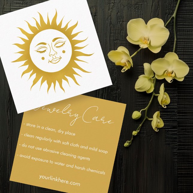 Cartão De Visita Quadrado Instruções de cuidado Sunshine Boho Line Art Doura (Care Instructions Sunshine Boho Line Art Gold Square Business Card
)