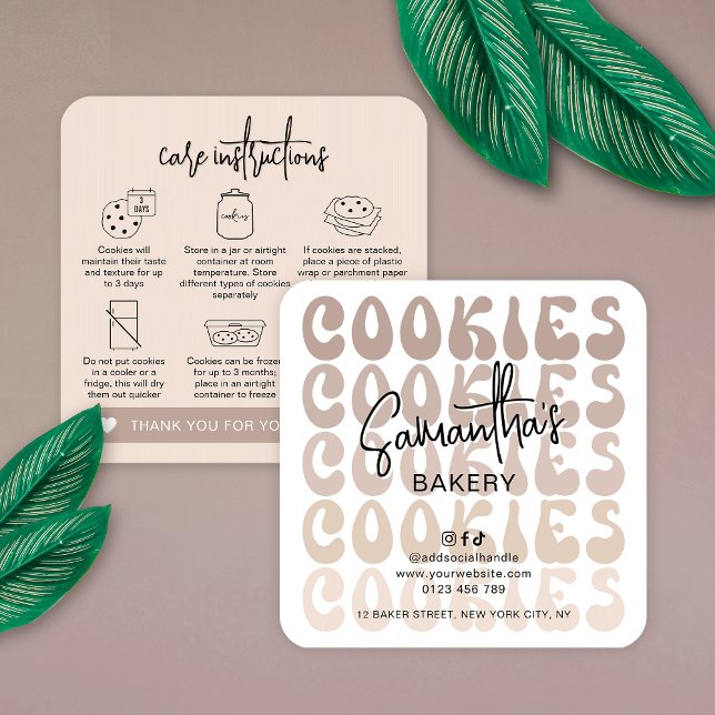 Cartão De Visita Quadrado Instruções de Cuidados com Biscoitos Beige Trendy  (Modern cookie care cards in neutral beige hues with retro fonts and care icons)