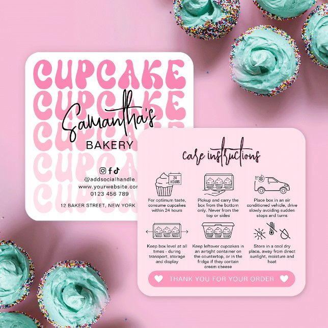 Cartão De Visita Quadrado Instruções para o tratamento de Cupcakes raparigas (Trendy cupcake care instructions cards in modern pink colors featuring retro fonts and care icons)