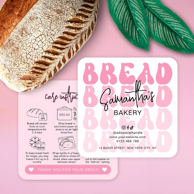 Cartão De Visita Quadrado Instruções para o tratamento do pão com latente re (Retro pink groovy sourdough bread care cards with icons, trendy fonts in pink colors)