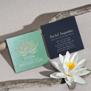 Cartão De Visita Quadrado Instrutor de Meditação Lótus Yoga Dourada Verde