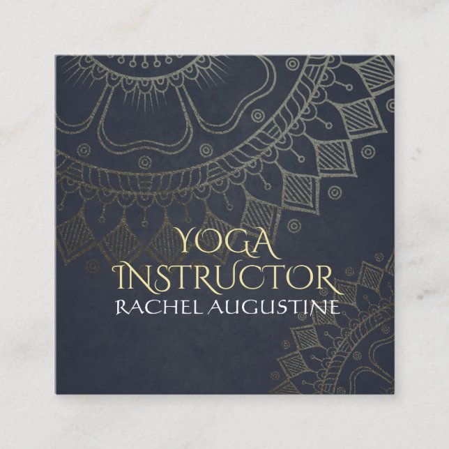 Cartão De Visita Quadrado Instrutor de Meditação Yoga Dourado Mandala Marinh (Frente)