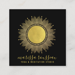 Cartão De Visita Quadrado Instrutor de Meditação Yoga Dourado Sun Mandala Sq