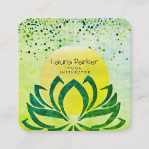 Cartão De Visita Quadrado Instrutor de Yoga Verde Lotus Flower Watercolor