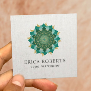 Cartão De Visita Quadrado Instrutor Yoga Mandala Flower Vintage Linen