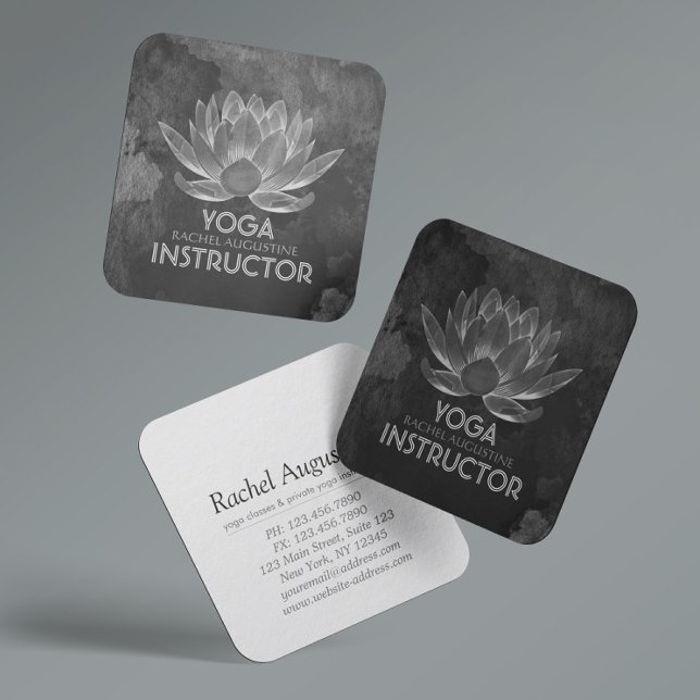 Cartão De Visita Quadrado Instrutor YOGA Meditation Reiki Black White Lotus (Criador carregado)