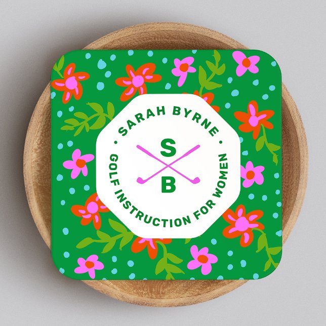 Cartão De Visita Quadrado Instrutora de Golf Feminina Golf Pro Monograma Flo (Criador carregado)