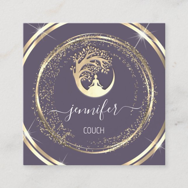 Cartão De Visita Quadrado Ioga Couche Terapista Mindrome QR Dourado Roxo (Frente)