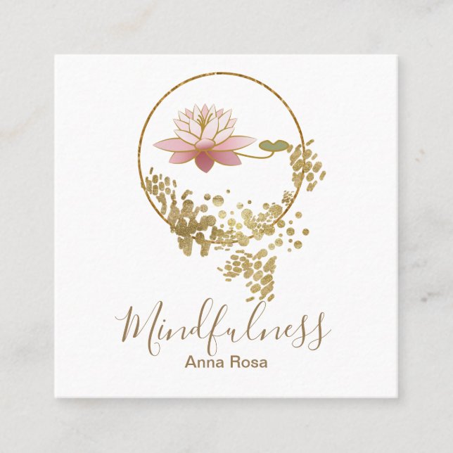 Cartão De Visita Quadrado Ioga Dourado do Mindfulness de Lotus do brilho da (Frente)
