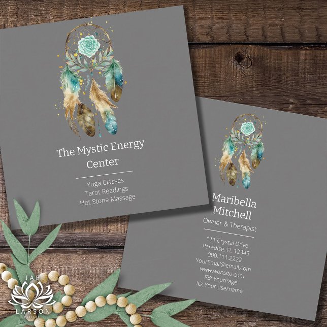Cartão De Visita Quadrado Ioga Metafísica Espiritual de Dreamcatcher Mística (Criador carregado)