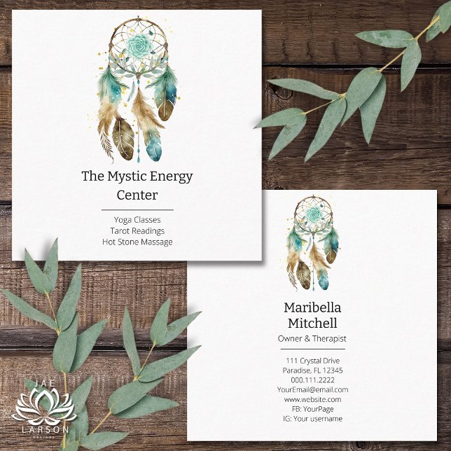 Cartão De Visita Quadrado Ioga Metafísica Espiritual de Dreamcatcher Mística (Criador carregado)