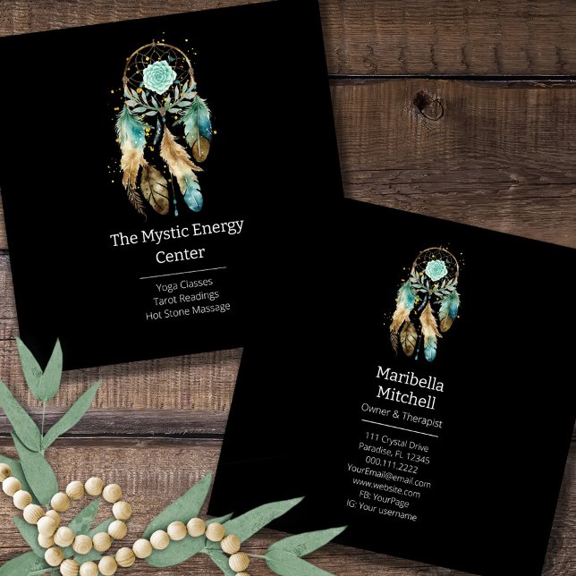 Cartão De Visita Quadrado Ioga Metafísica Espiritual de Dreamcatcher Mística (Criador carregado)